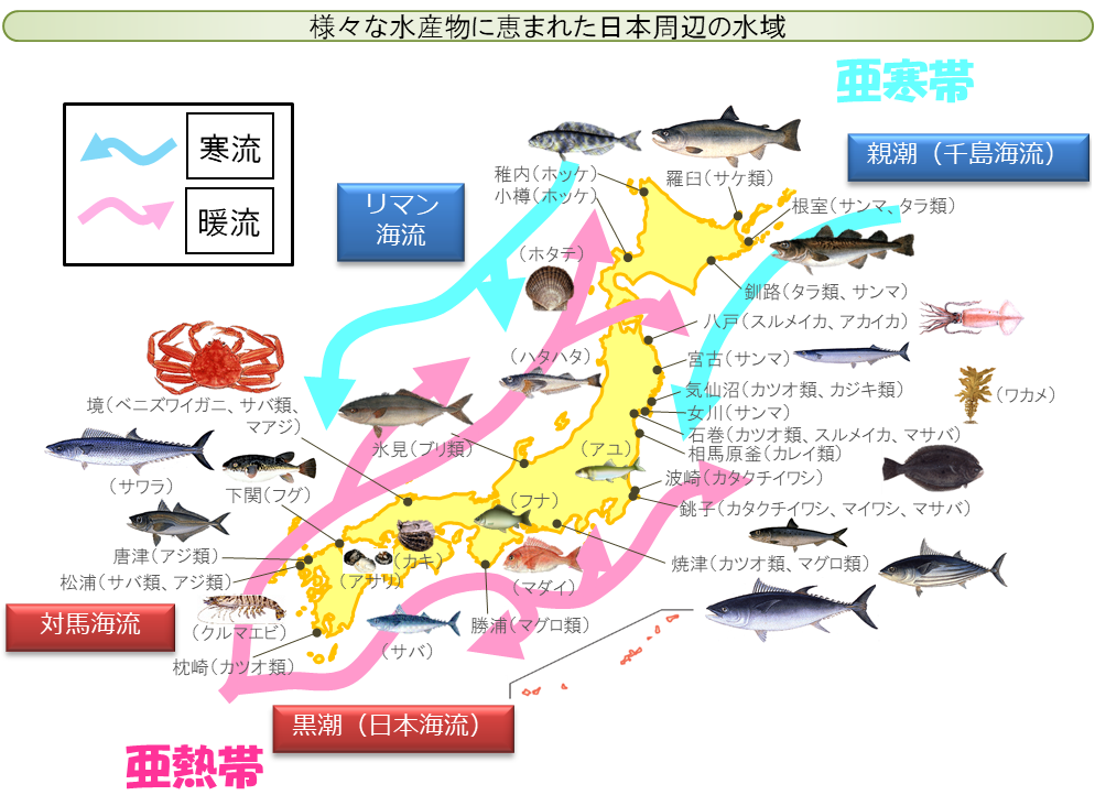 様々な水産物に恵まれた日本周辺の水域（出典：図で見る日本の水産　水産庁　令和2年12月）