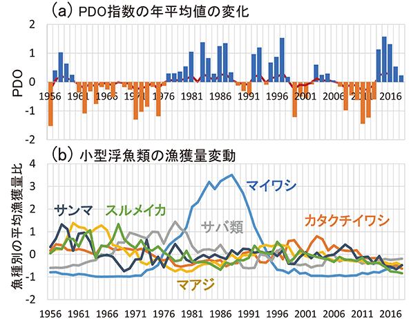 図9　PDO指数の年平均値の変化(a)と、小型浮魚類の漁獲量（平均漁獲量に対する比で示す）の変動(b)（気象庁／漁業・養殖業生産統計年報）