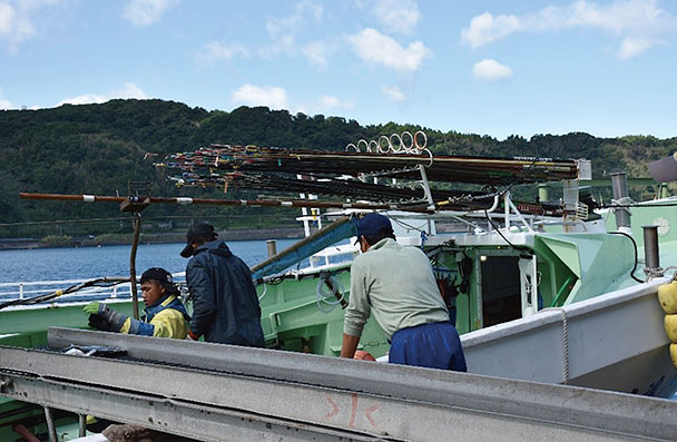 写真-3　カツオ一本釣り漁船で水揚げ作業をする外国人技能実習生